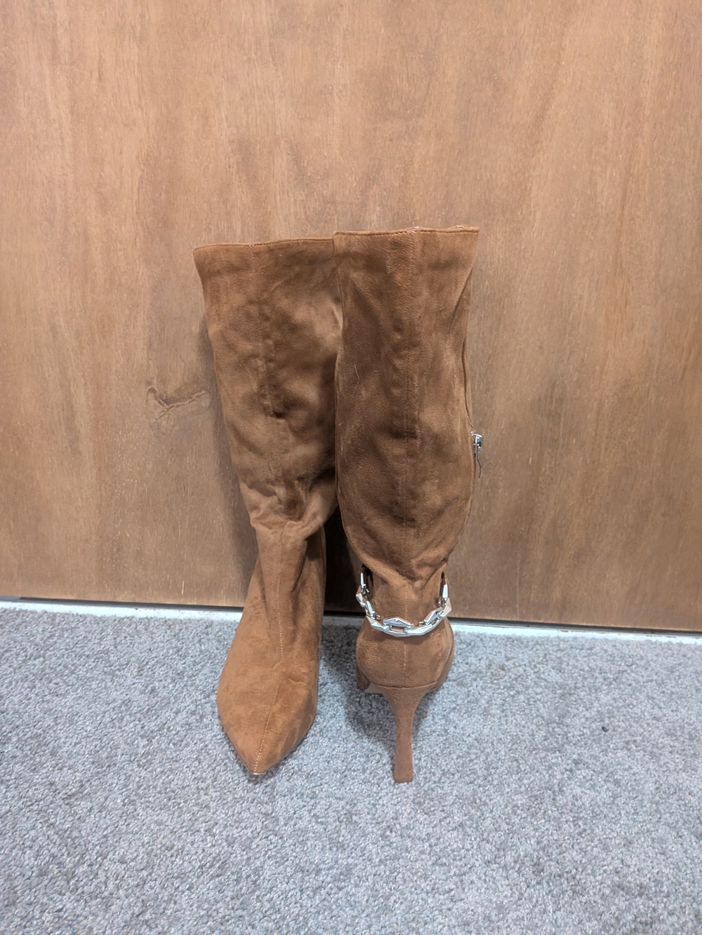 Suede Knee-High Stiletto Boots in Brown